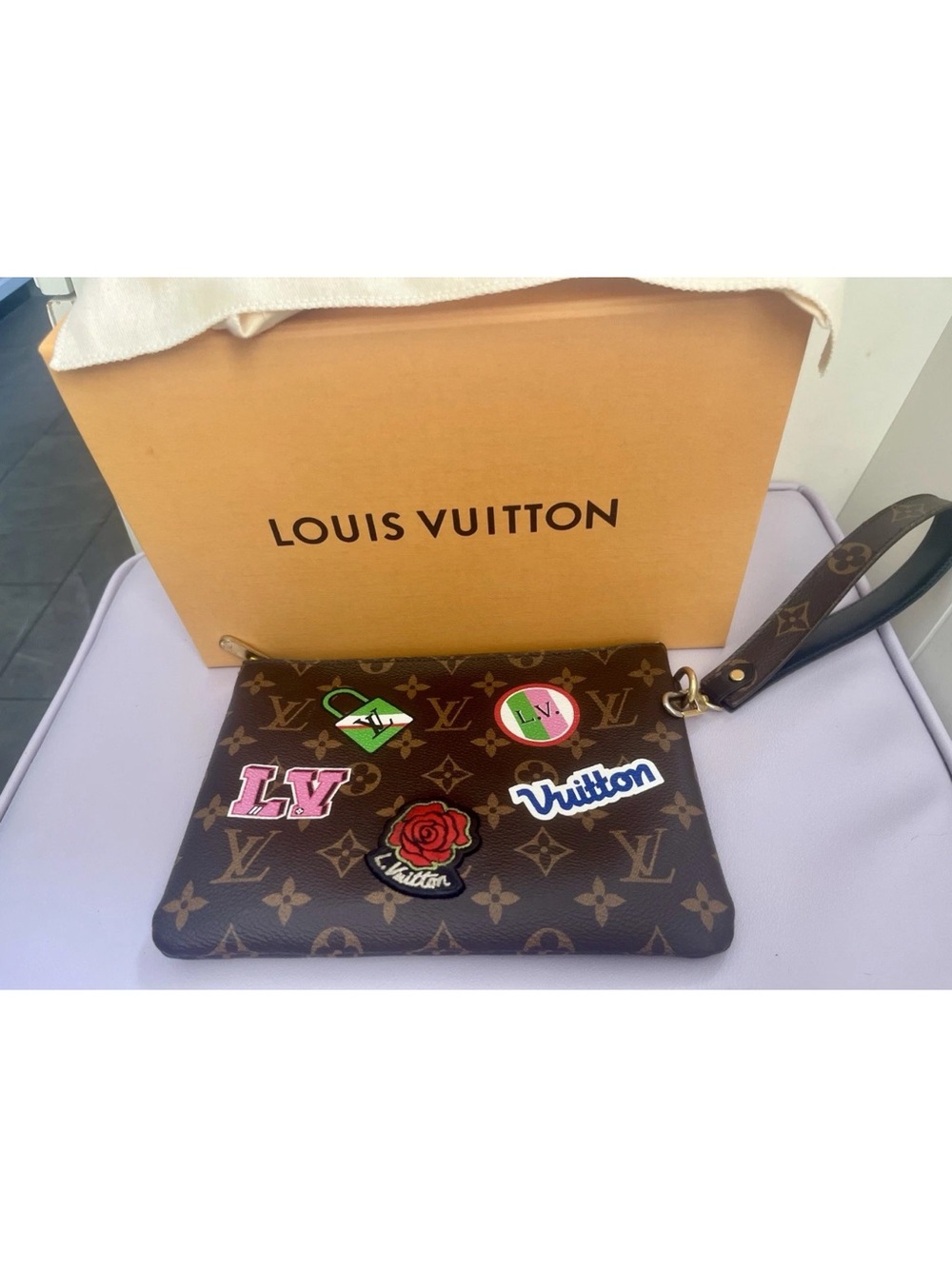 Louis Vuitton Brown Monogram Wristlet Pouch with Colorful Patches Rare